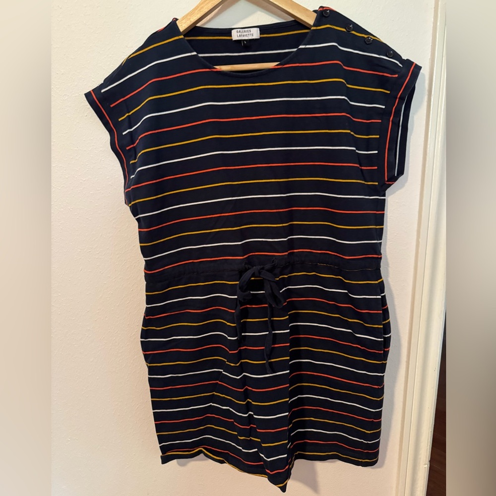 Galeries Lafayette Stripe Drawstring Waist Dress Navy Size Large